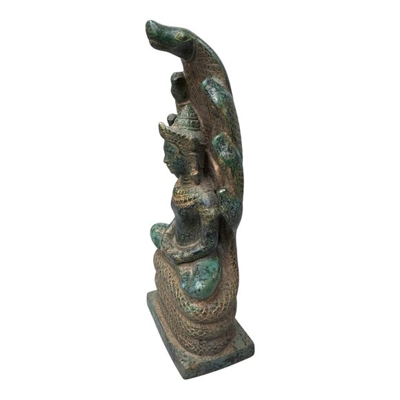Cambodian Bronze Naga Buddha: Saturday's Serpent Guardian Dhayan Mudra 10" Vtg - Picture 2 of 9
